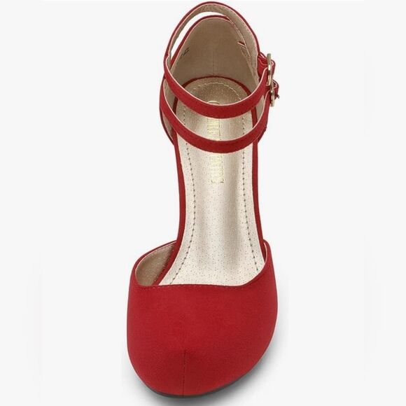 🩵NIB Red Faux Suede Leather Double Ankle Strap Platform Heels Size 7.5 - Picture 14 of 14